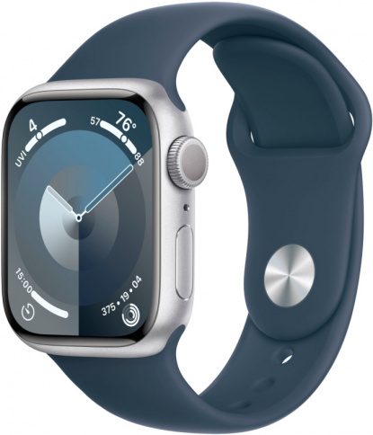 Apple Watch Series 9 GPS 45mm Silver Aluminium Case with Storm Blue Sport Band - M/L фото 1